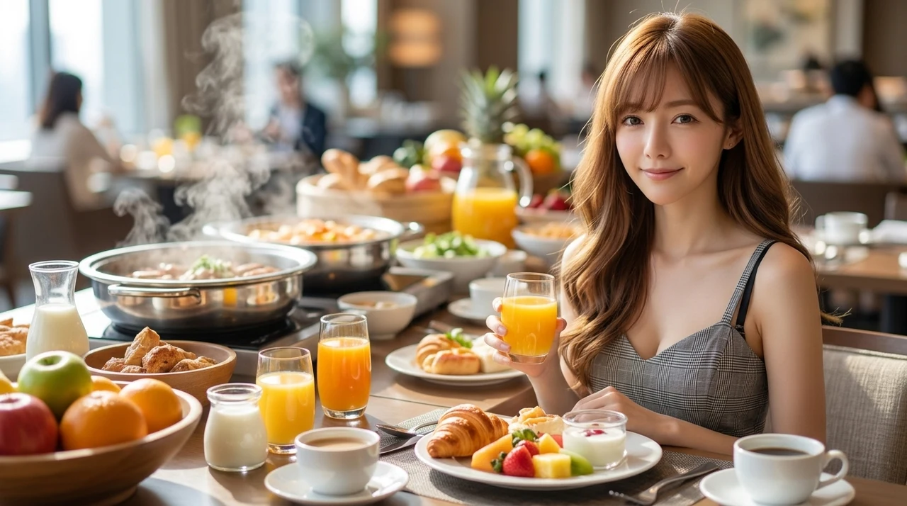ホテルの客室設備と朝食ブッフェの詳細をイメージした写真風の画像