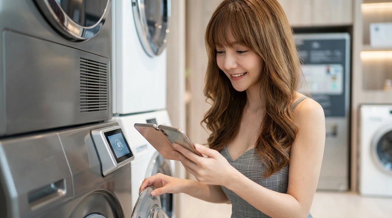 スマホで完結！最新のホテルランドリー事情と便利な決済方法をイメージした写真風の画像
