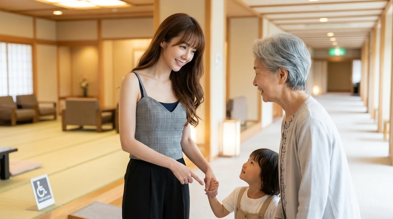 子連れや高齢者も安心！ホテル櫻井に泊まる5つのメリットをイメージした写真風の画像